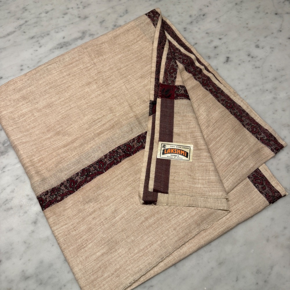 Lakshmi Shawls 100% Wool Finish Made in India Beige Burgundy Paisley Wrap 36x80